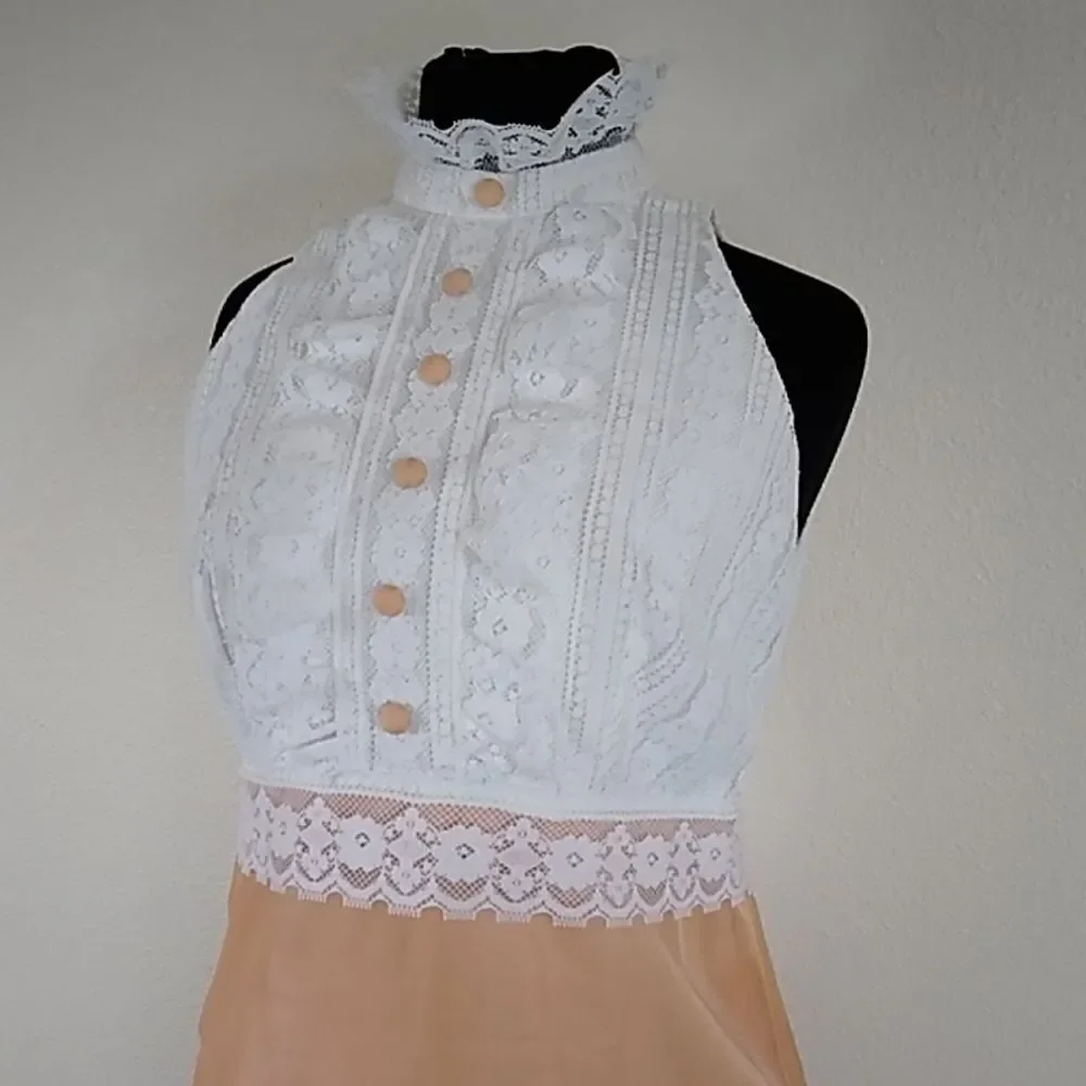 VTG,HANDMADE PEACH PINK ORANGE LACE FORMAL WOMEN DRESS SIZE SMALL APPROXIMATE